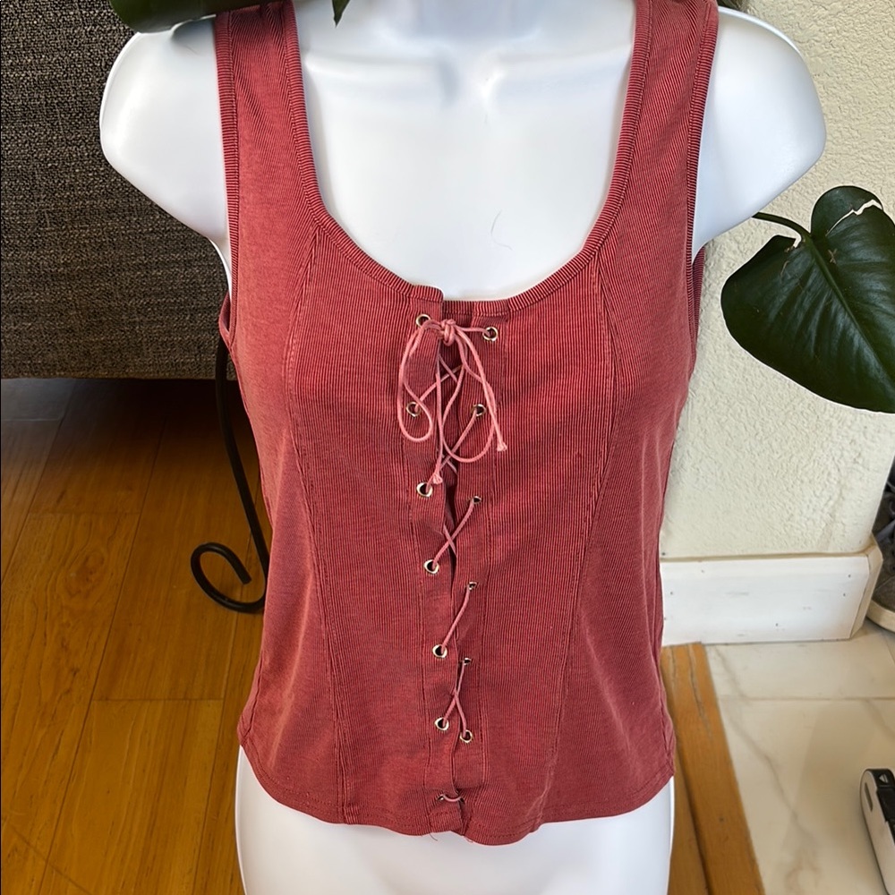Gilded Intent Red Tie Front Fitted Tank Top